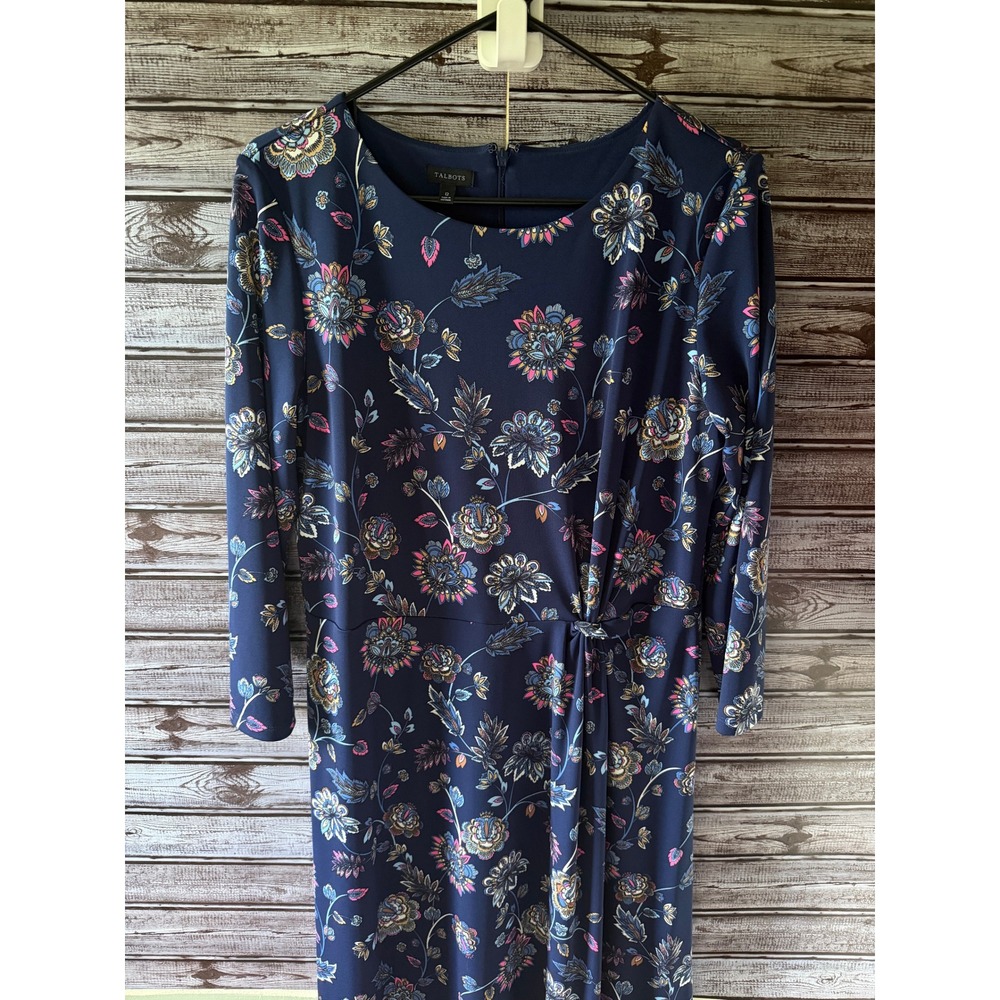 Talbots Women's Long-Sleeved Midi Dress Size 12 Navy Blue Floral Ruched Twist